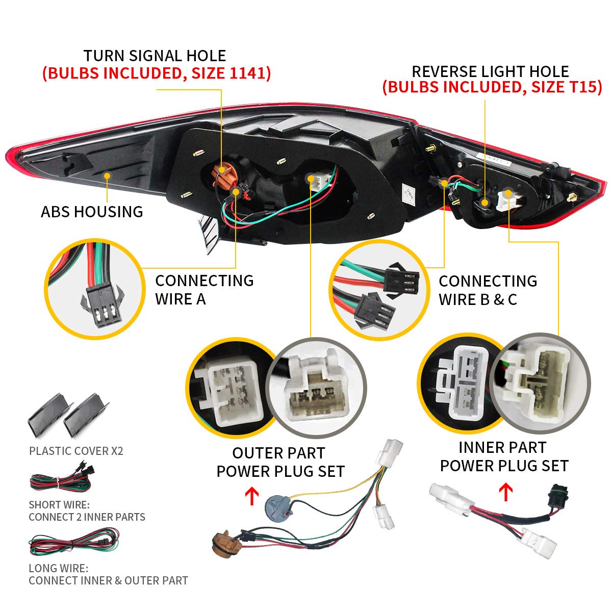 YUANZHENG Full LED Tail Lights for Hyundai Sonata 2011-2014 (6th Gen Sedan) - Red & Clear Brake/Reverse/Turn Signal Lights - YAB-SNT-0209A - Perfect for Night Driving & Enhanced Safety