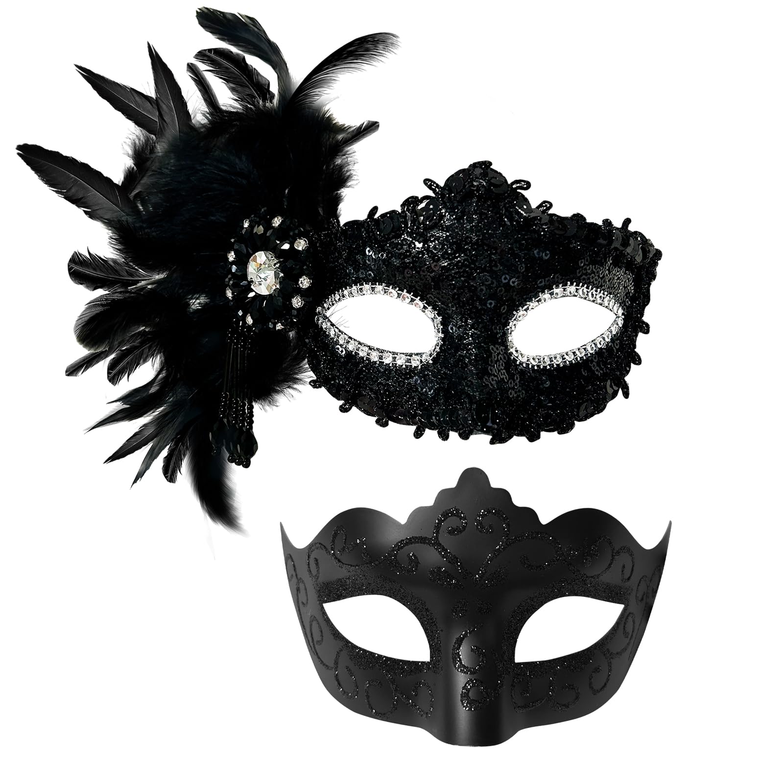 2025 New Feather Masquerade Mask for Women & Men - Elegant Couple Costume Accessory for Halloween, Mardi Gras, and Masquerade Parties