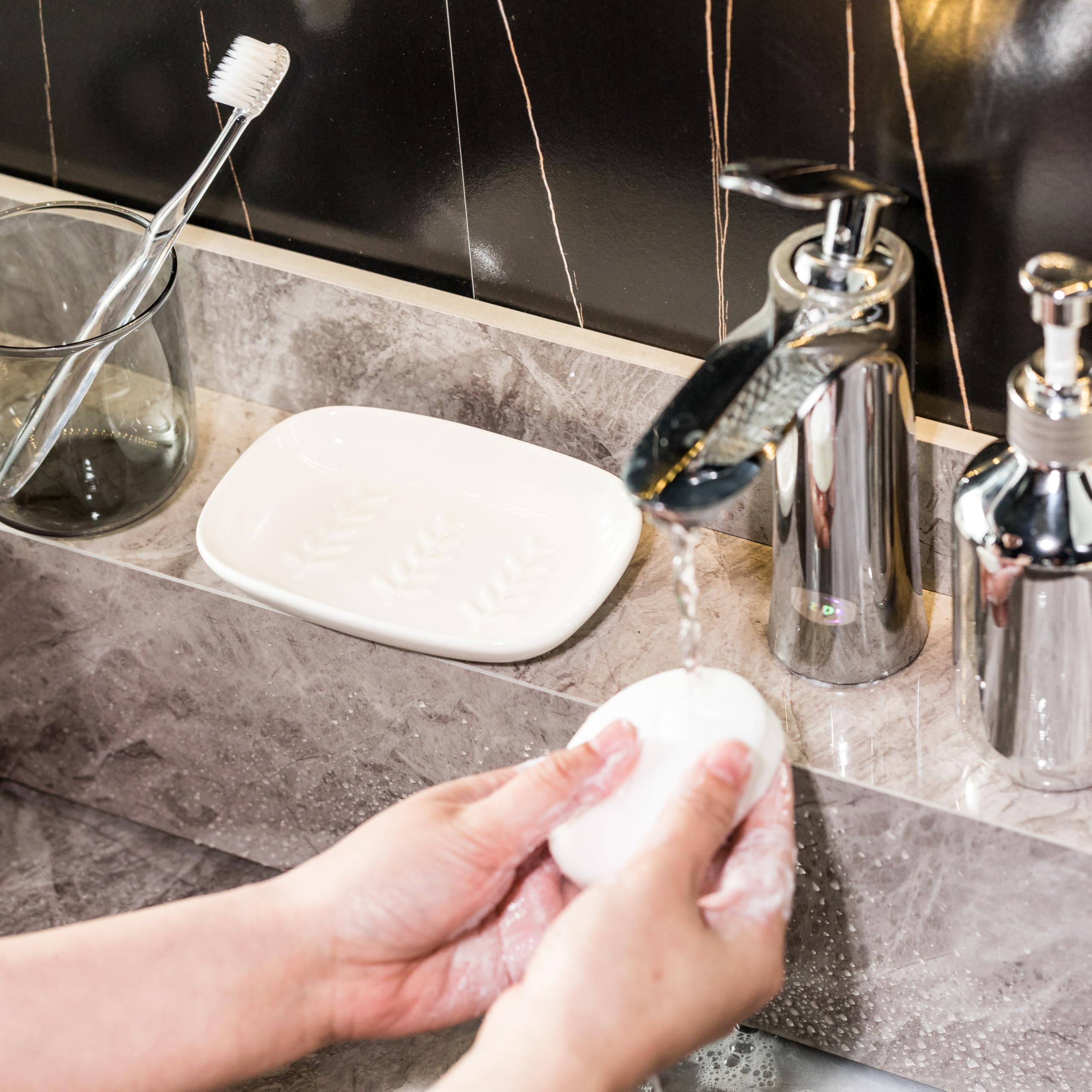 Ceramic Soap Dish Holder for Shower & Bathroom - White Soap Saver Tray with Drainage for Bar Soap & Sponge - Easy Clean Kitchen & Sink Organizer - Perfect for Bath, Spa & Daily Hygiene Routine