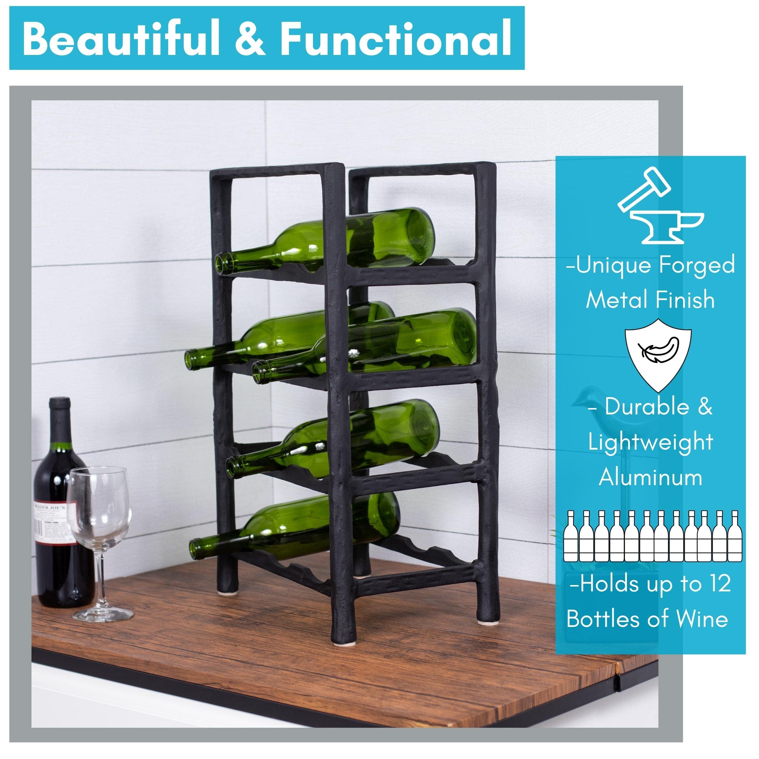 BIRDROCK HOME 12 Bottle Wine Rack - Sturdy Black Forged Metal Free Standing Wine Holder - Vertical Storage Cabinet for Kitchen Countertop, Bar, Dining Room & Home Decor