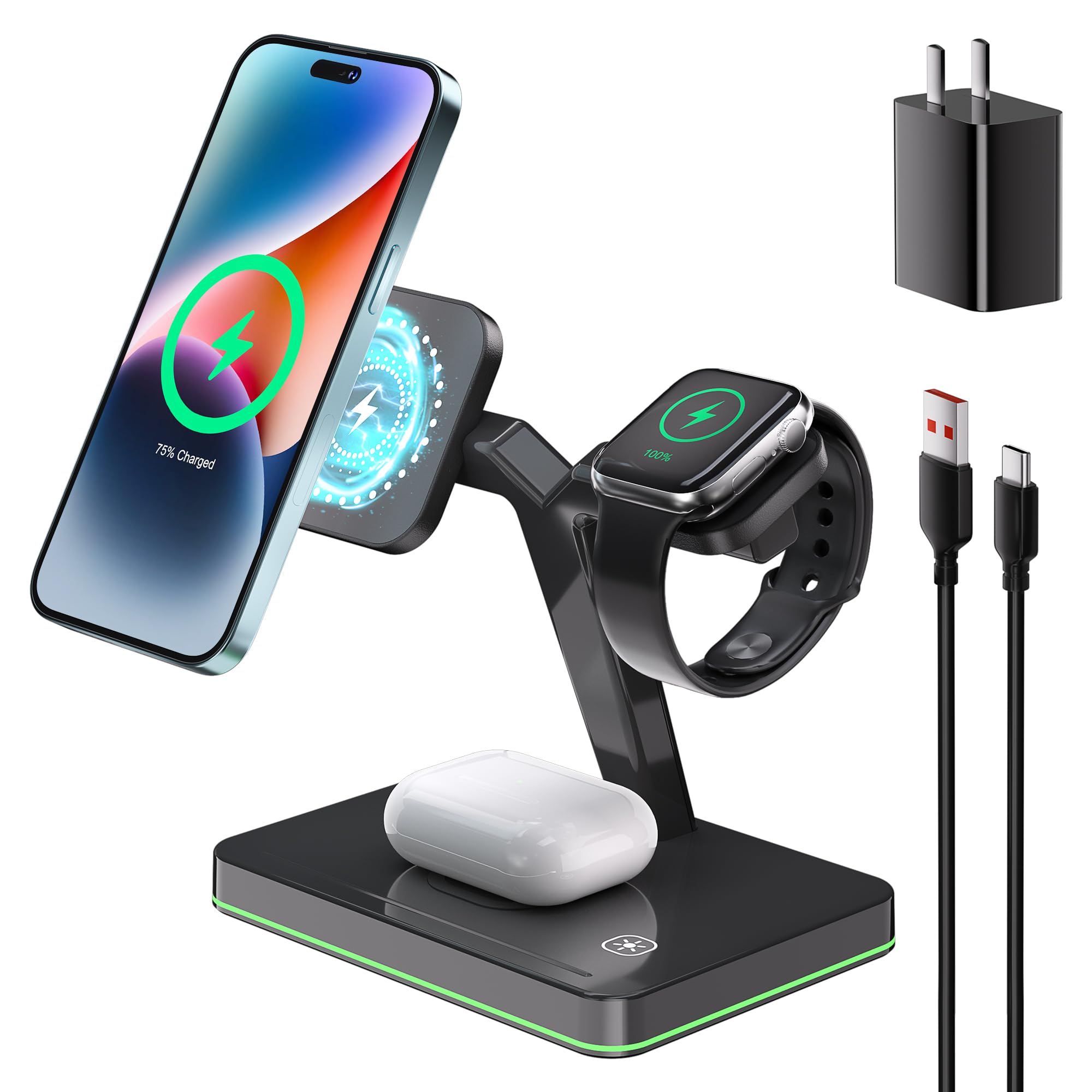 3-in-1 Magnetic Wireless Charging Station for iPhone 14/13/12 Series, Apple Watch Ultra/8/7/6/5/SE, AirPods Pro/3/2 - Fast Wireless Charger with Strong Magnets - Perfect for Home, Office & Travel