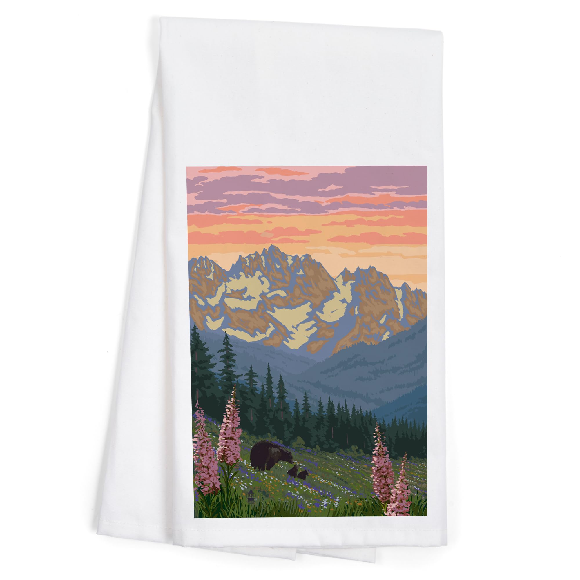 Lantern Press Spring Flowers & Bear Family Mountains 100% Cotton Tea Towel - Decorative Hand Towel for Kitchen, Home Decor & Gifts (Perfect for Farmhouse, Cottage & Rustic Style Homes)