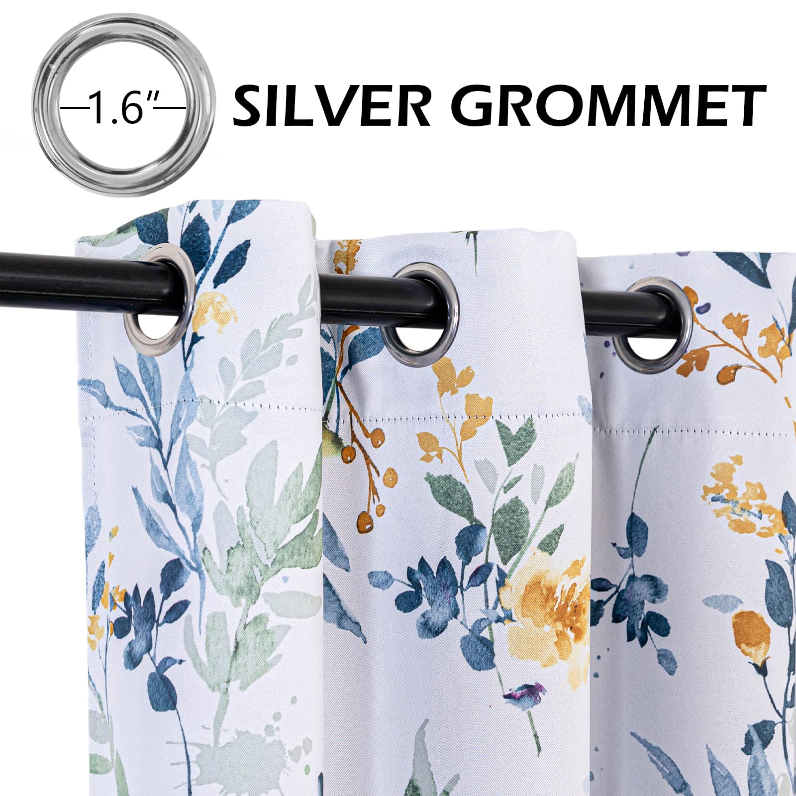 MYSKY HOME Floral Curtains 84 Inches Long - Room Darkening Thermal Insulated Light Blocking Drapes with Grommet Top for Living Room, Bedroom & Bathroom - 2 Panels Set in Yellow and Blue - Perfect for Privacy, Energy Saving & Home Decor