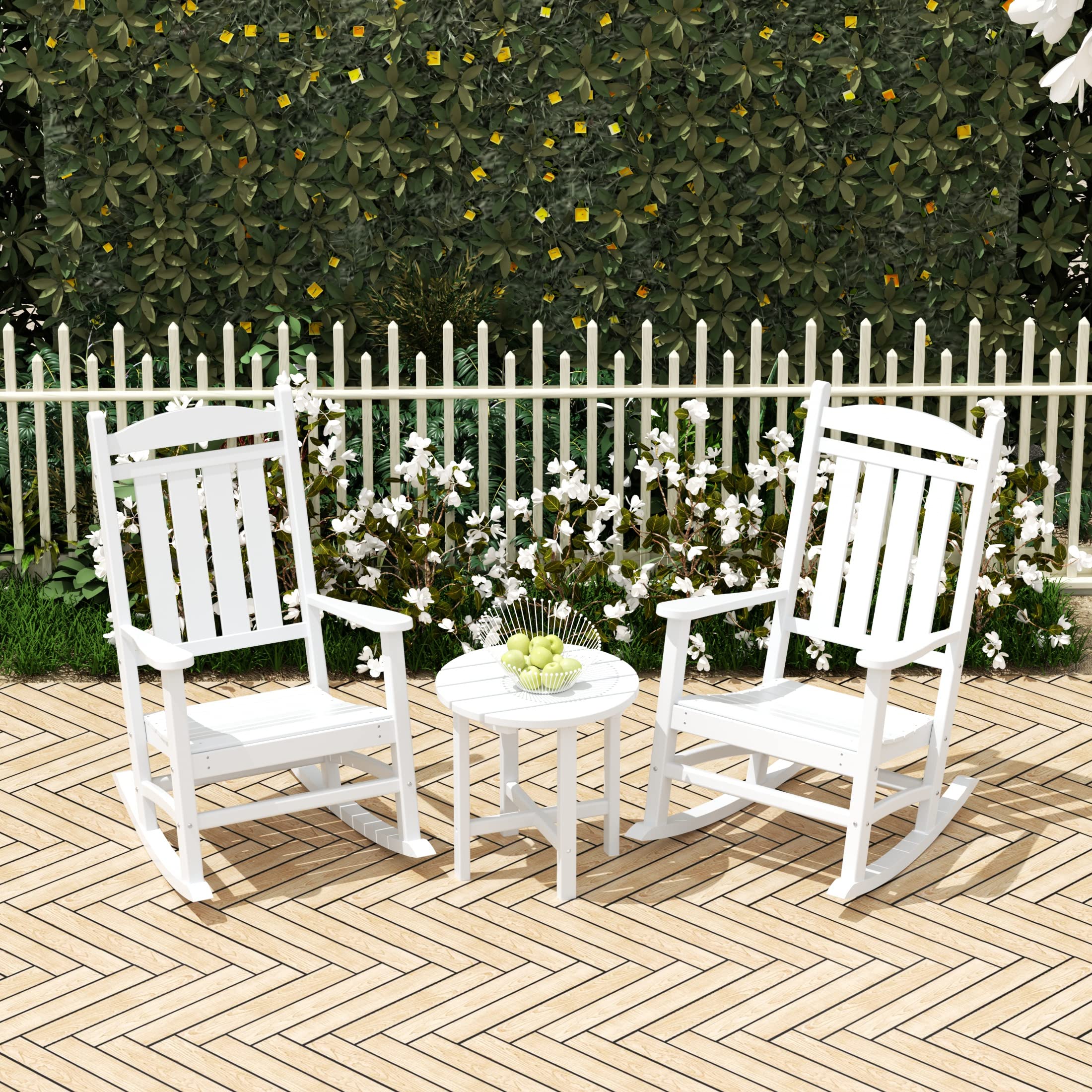 WO Home Furniture 3-Piece HDPE Outdoor Patio Rocking Chair Set - Traditional White Rocking Chairs for Garden, Porch & Backyard Relaxation