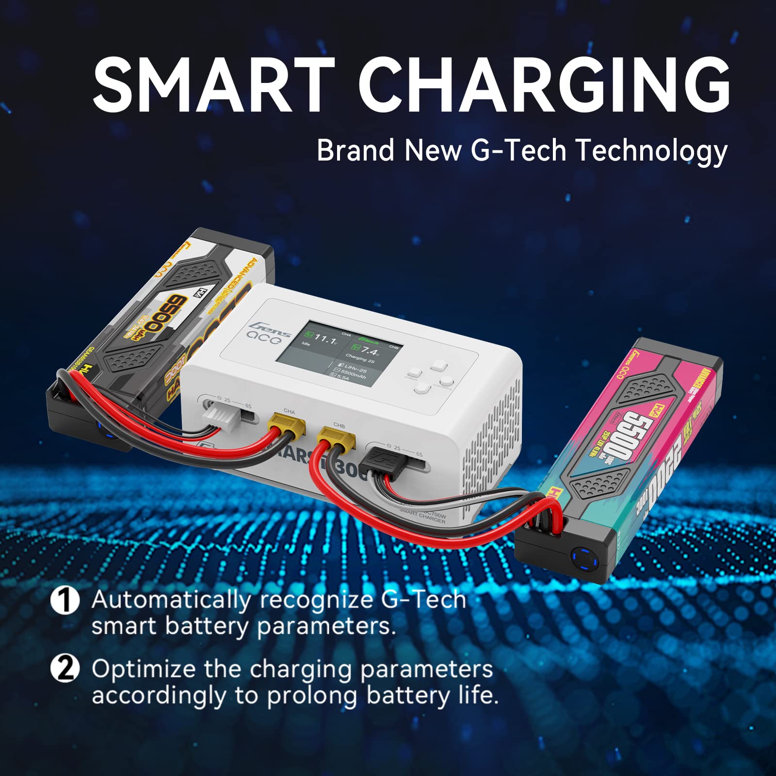 Gens Ace IMARS D300 G-Tech Series Smart Dual Lipo Battery Charger - 16A AC 300W DC 700W Fast Charging for RC Cars, Drones, and Airsoft (White) - Perfect for Hobbyists and Professionals