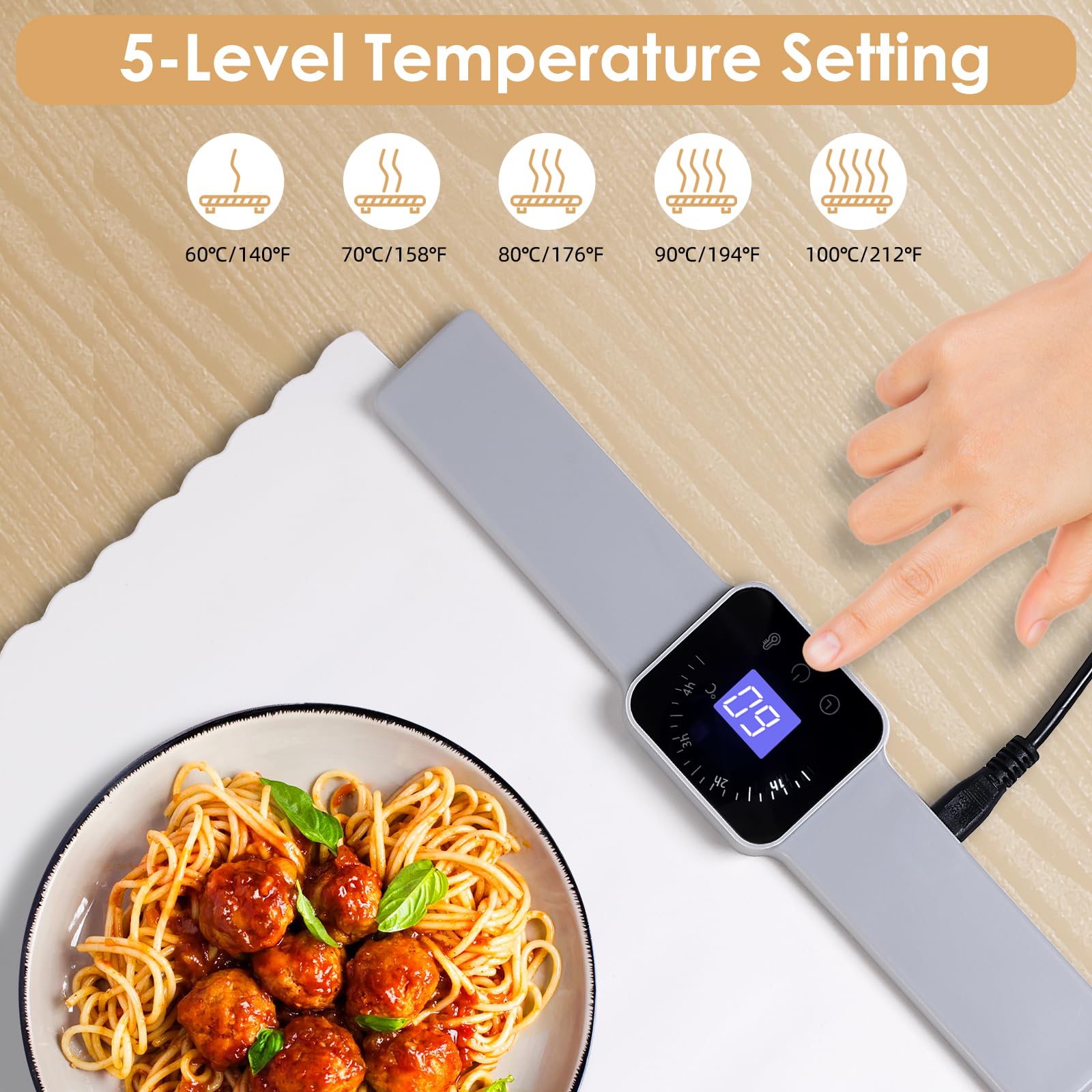 Premium Food Warming Mat - 5 Adjustable Temperature Settings & 4-Hour Timer with Child Lock | Flexible Silicone Heating Pad for Home, Office & Travel | Easy to Clean | Perfect for Parties, Picnics & Dining - Keep Meals Warm Anywhere