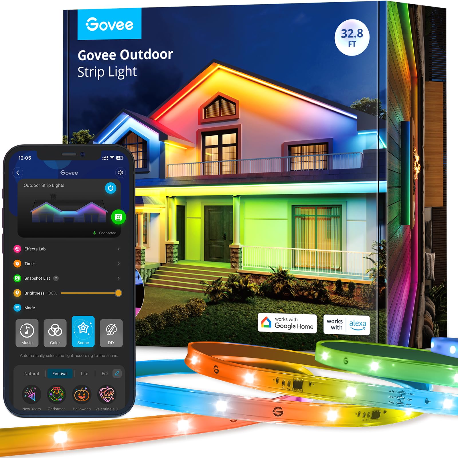Govee 32.8ft Smart Outdoor LED Strip Lights RGBIC Waterproof IP65 - Alexa & Google Assistant Compatible - Perfect for Eave Lighting, Garden Decor, Patio Parties & Holiday Decorations