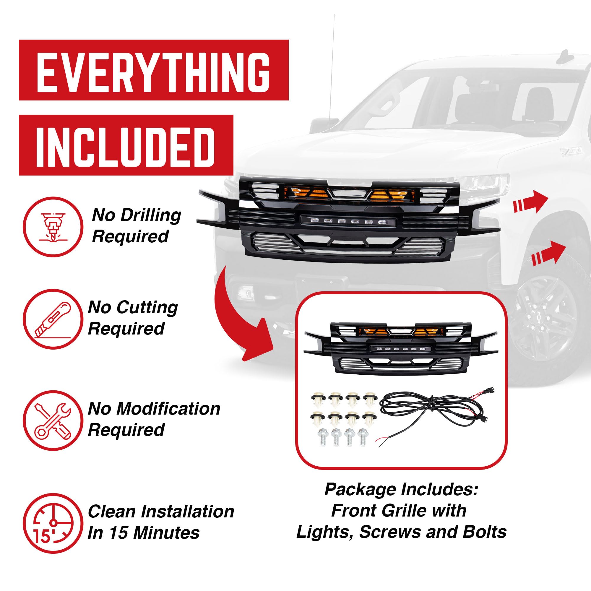 19-21 Chevy Silverado 1500 LED Armor Grille with Off-Road Lights - Glossy Black | Durable Front Bumper Protection for Off-Roading & Night Driving