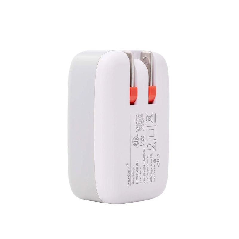 Ventev 27W Dual USB-C & USB-A Wall Charger - Fast Charging for iPhone, Samsung, Pixel - White | Perfect for Home, Office & Travel