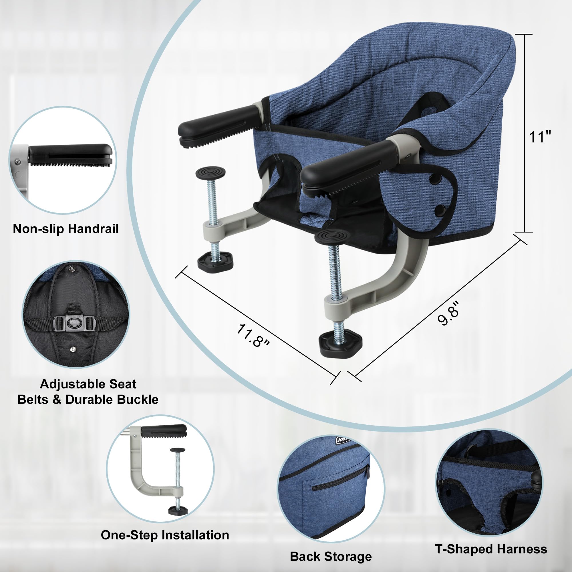 Jozzve Hook On High Chair - Portable & Foldable Baby Feeding Seat with Storage Bag for Home & Travel - Navy | Ideal for Dining, Outdoor Picnics & Restaurant Use