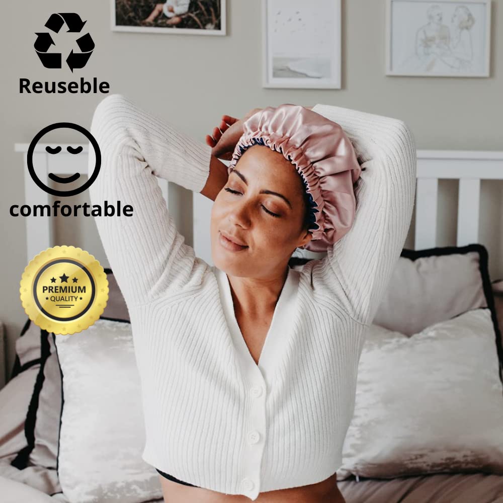 GO WELL Satin Silk Bonnet for Hair with 3 Satin Scrunchies - Adjustable Reversible Silk Hair Cap for Sleeping & Hair Protection - Perfect for Curly, Natural, Braided Hair - Nighttime Hair Care & Travel Essential