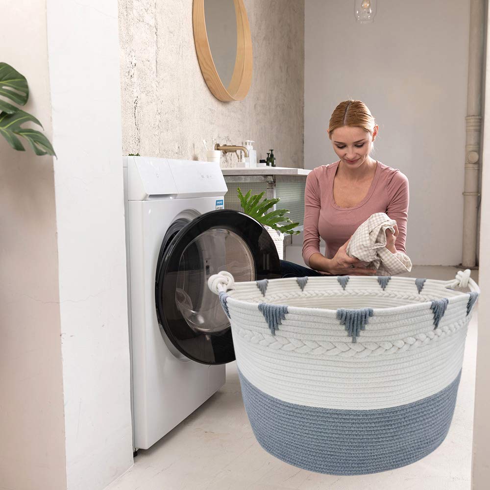 TerriTrophy Extra Large Cotton Rope Blanket Basket 22x22x16 Inches - Woven Laundry Hamper & Storage Basket for Towels, Toys, Diapers - Perfect for Nursery, Bathroom & Laundry Room Organization