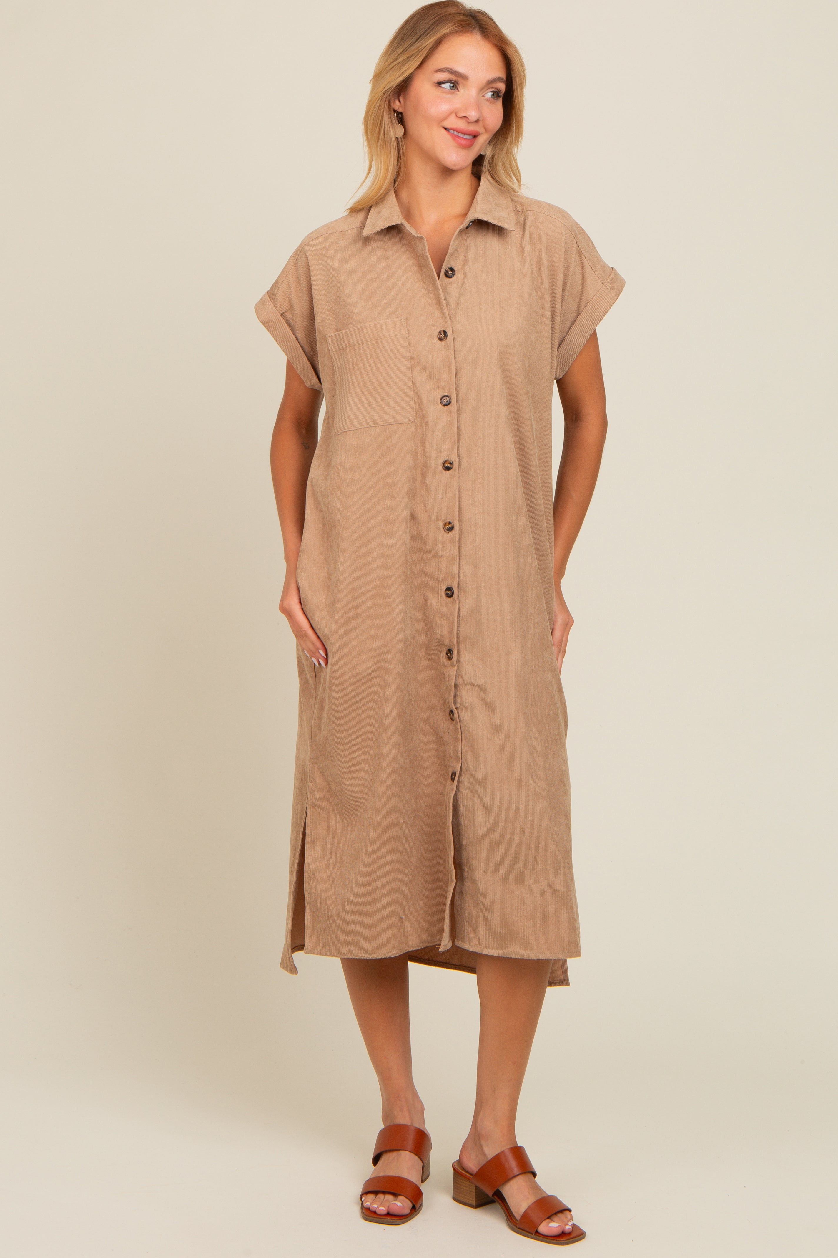 Beige Corduroy Button Down Maternity Midi Dress for Women - Comfortable Pregnancy Outfit for Casual Wear, Baby Shower & Photo Shoots
