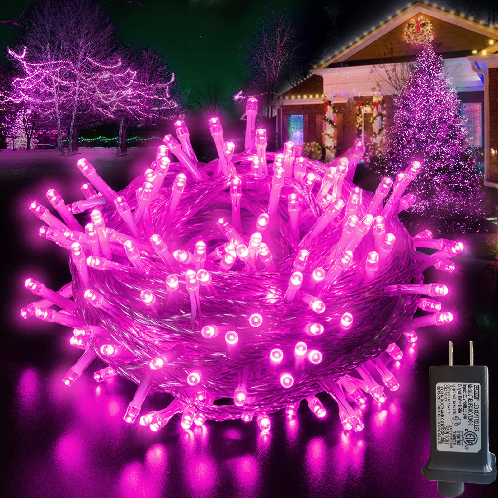 200 LED Pink Fairy String Lights - 66ft Plug in Connectable Twinkle Lights with 8 Modes, Clear Wire for Indoor & Outdoor Use - Perfect for Valentine's Day, Christmas, Wedding, Bedroom Decor & Party Lighting