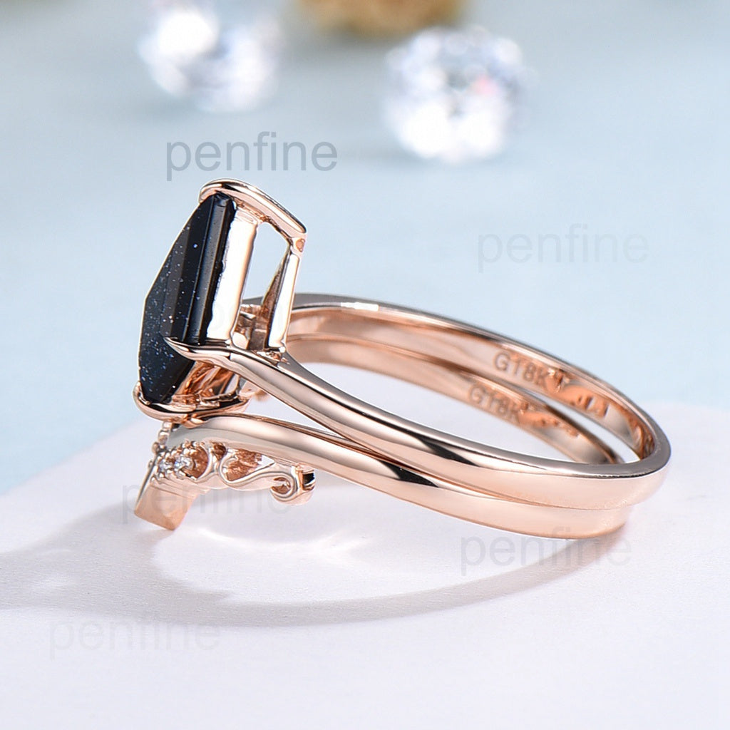 14K Rose Gold Kite Cut Blue Sandstone Solitaire Engagement Ring Set for Women - Perfect for Proposals, Anniversaries & Special Occasions