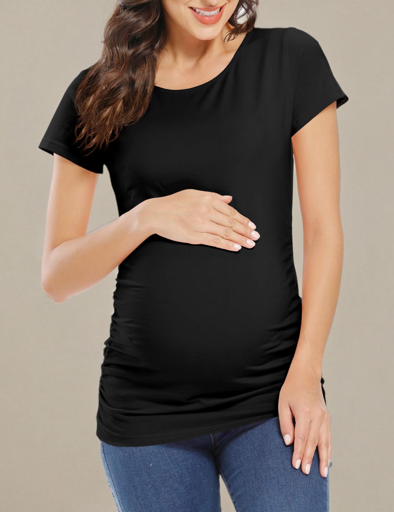 GLAMIX Women's Maternity T-Shirts 3-Pack - Soft Cotton Short Sleeve Pregnancy Tops for Summer | Comfortable Basic Tees for Expecting Moms - Perfect for Casual Wear, Work & Maternity Photos