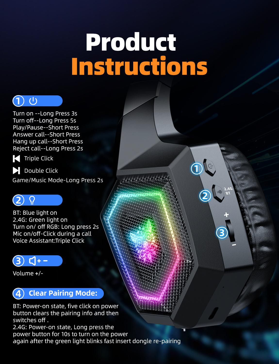 ONIKUMA GT806 Wireless Gaming Headset with Microphone - Bluetooth 2.4G/3.5mm Wired Dual Mode, Lightweight Over-Ear Headphones for PC, PS4, Xbox, Nintendo Switch - Perfect for Esports, Streaming & Online Gaming