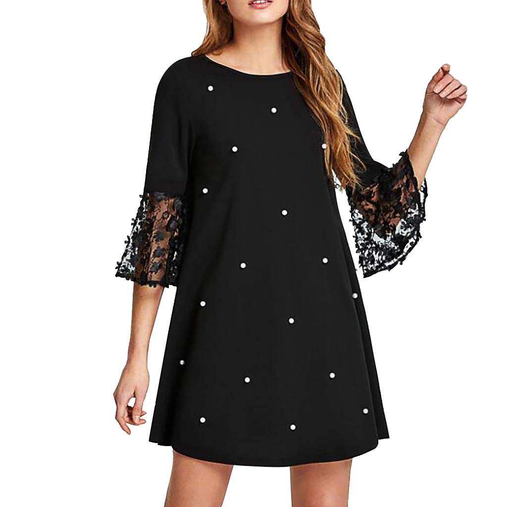 2023 Women's Sexy Wave Solid Point O-Neck Hollow Out Long Sleeve Summer Dress - Elegant Party & Vacation Sundress, Flowy Hawaiian Beach Dress in Black | Perfect for Beach Weddings, Cocktail Parties & Tropical Getaways