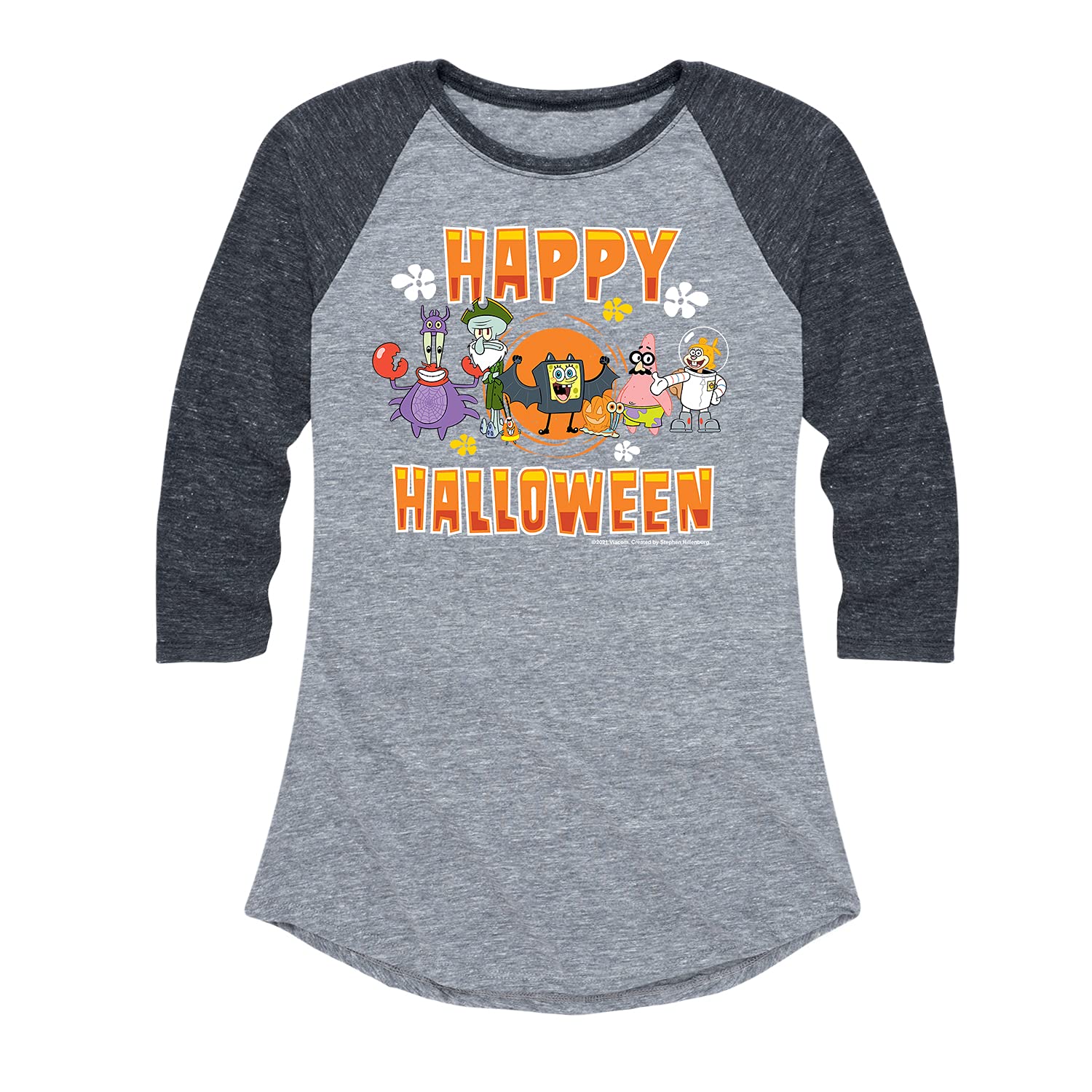 Spongebob Squarepants Happy Halloween Women's Raglan Graphic T-Shirt | Hybrid Apparel | Soft & Comfortable Halloween Tee for Parties, Cosplay & Casual Wear