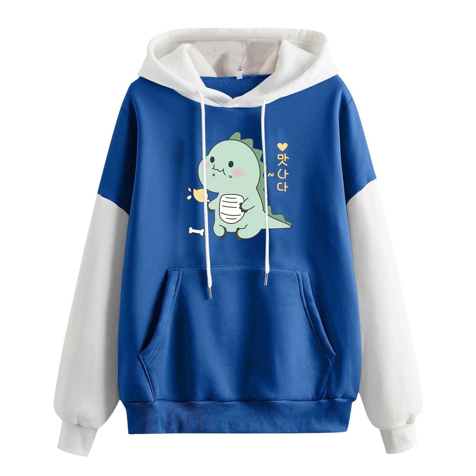 Trendy Women's Kawaii Cute Little Dinosaur Print Hoodie - Colorblock Long Sleeve Sweatshirt for Casual Wear, Street Fashion & Loungewear