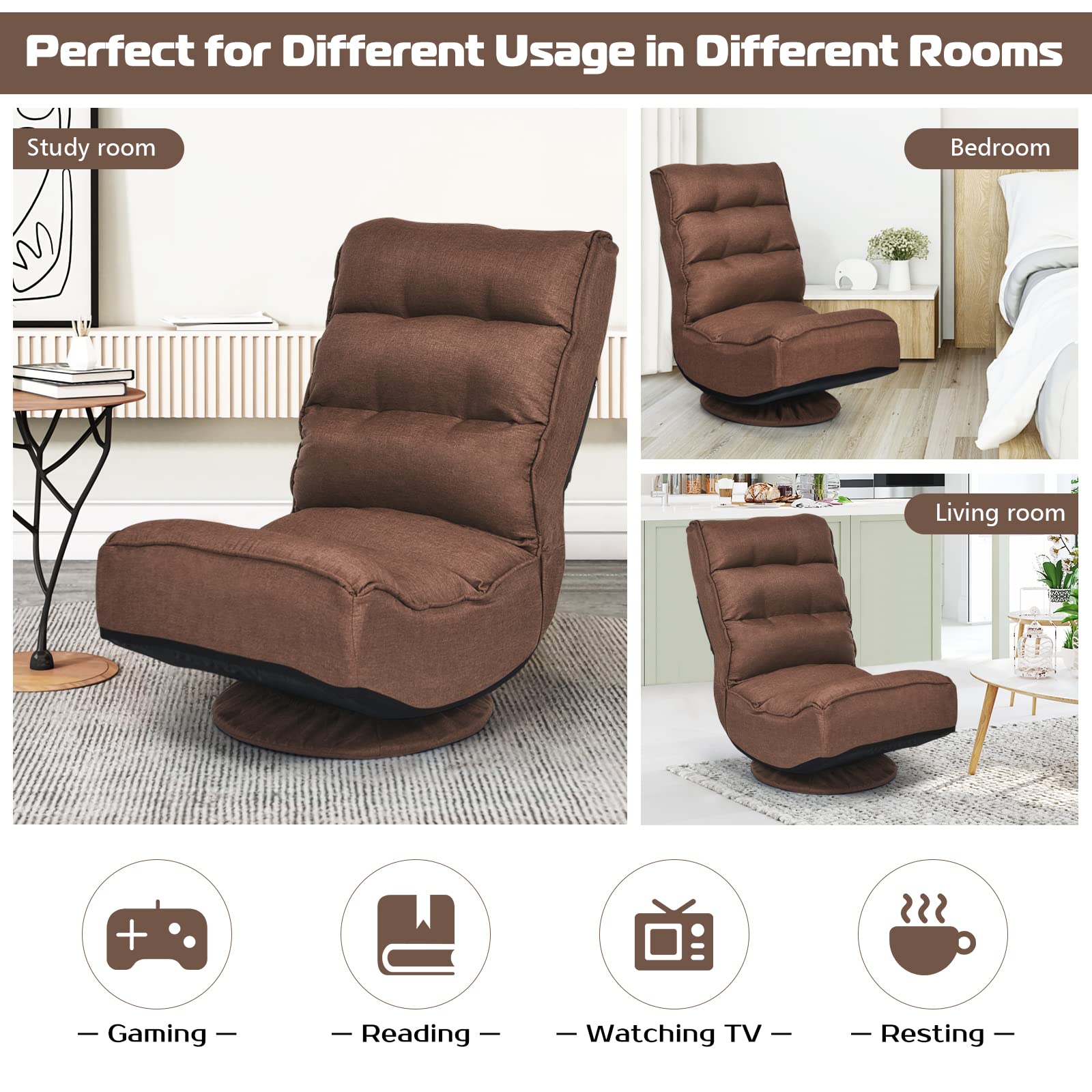 COSTWAY Folding Floor Chair - Adjustable 5-Position Gaming & Lounge Chair with 360° Swivel, Removable Cover & Padded Backrest - Multi-Purpose Seating for Living Room, TV Watching, Reading & Gaming - Perfect for Small Spaces, Dorm Rooms & Coffee Breaks