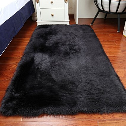 Soft Faux Fur Sheepskin Area Rug - Fluffy Shaggy Carpet for Baby Bedroom, Living Room & Home Decor - 4x6ft Black - Cozy & Stylish Floor Mat for Nursery, Dorm, or Apartment