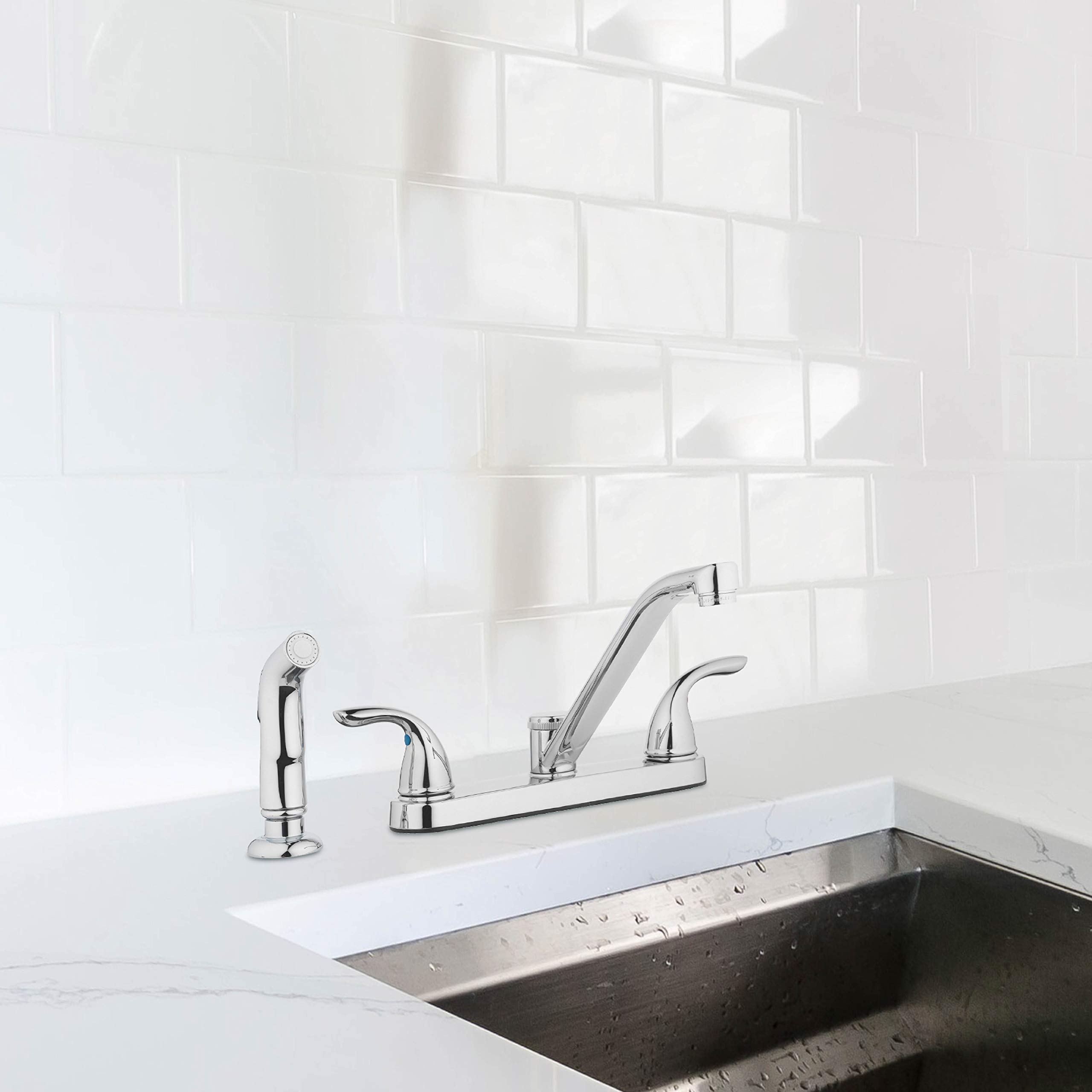 Aqua Vista 25-K82CS-CH-AV Polished Chrome Two Handle Kitchen Sink Faucet with Side Spray - Perfect for Modern Home Kitchen Renovation and Dishwashing Convenience
