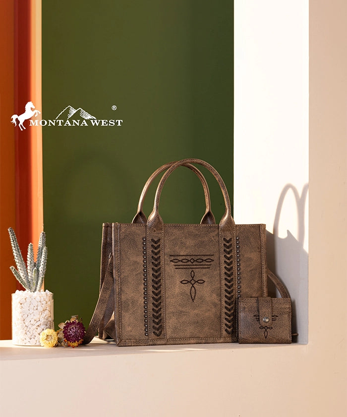 Montana West Whipstitch Tote Bag Set - Stylish Leather Handbag for Women, Spacious Work & Travel Tote with Matching Wallet - Perfect for Office, Commute & Weekend Getaways