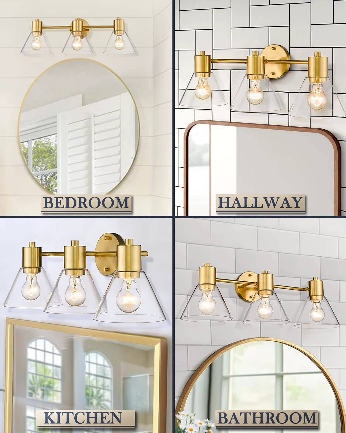 LMS Gold Bathroom Vanity Light Fixtures - 3 Light Modern Bathroom Sconce with Clear Glass Shade, LMS-108 - Perfect for Bathroom, Powder Room and Dressing Room Lighting
