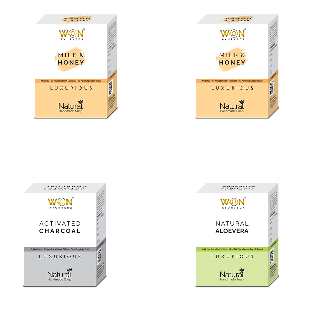 WON AYURVEDA Pure Aloe Vera, Charcoal & Milk Honey Soap Bar - 4 Pack for Acne, Detox & Glowing Skin - Natural Skincare for Face & Body