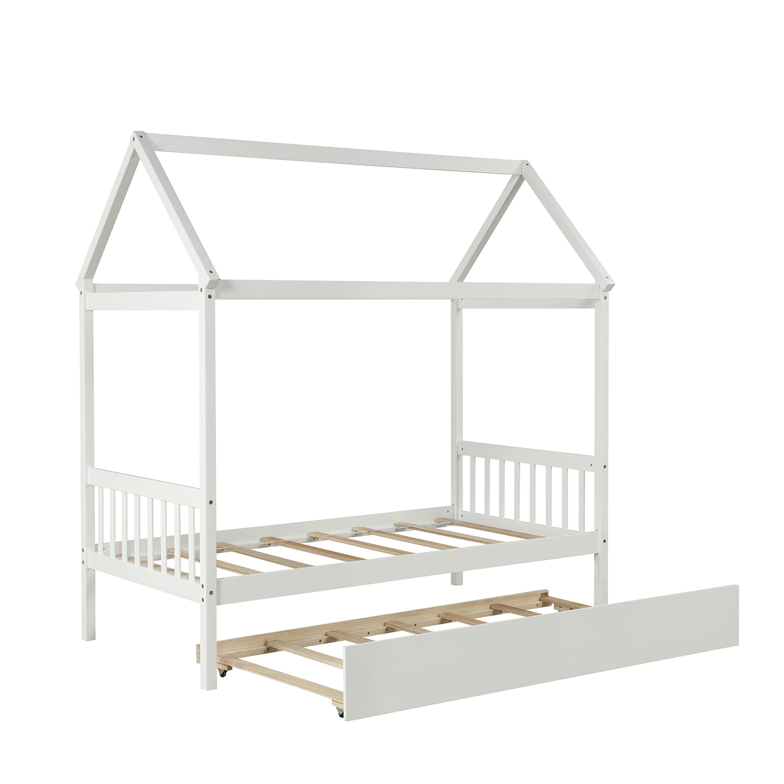 Merax Twin Size Wooden House Bed with Trundle - White Kids Bed Frame with Roof, Headboard & Footboard for Girls and Boys | Perfect for Bedroom Decor & Playtime