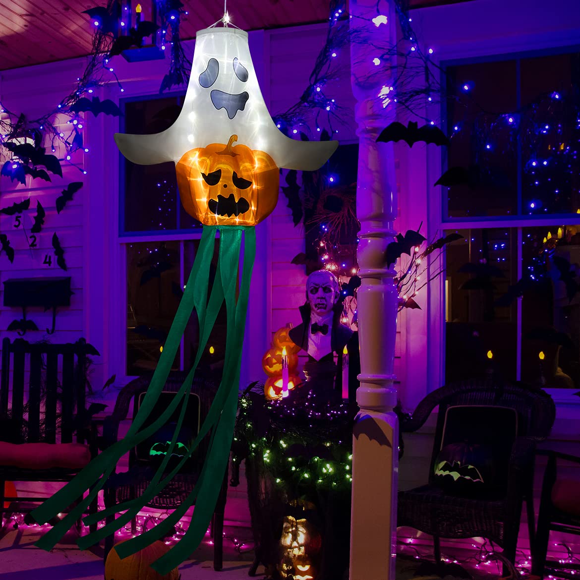 55 Inch Halloween Windsock Flag - 3D Pumpkin Ghost Hanging Decor with LED Lights | Spooky Outdoor Decorations for Yard, Patio, Lawn & Tree | Perfect for Halloween Party, Trick-or-Treat Welcome & Haunted House Theme