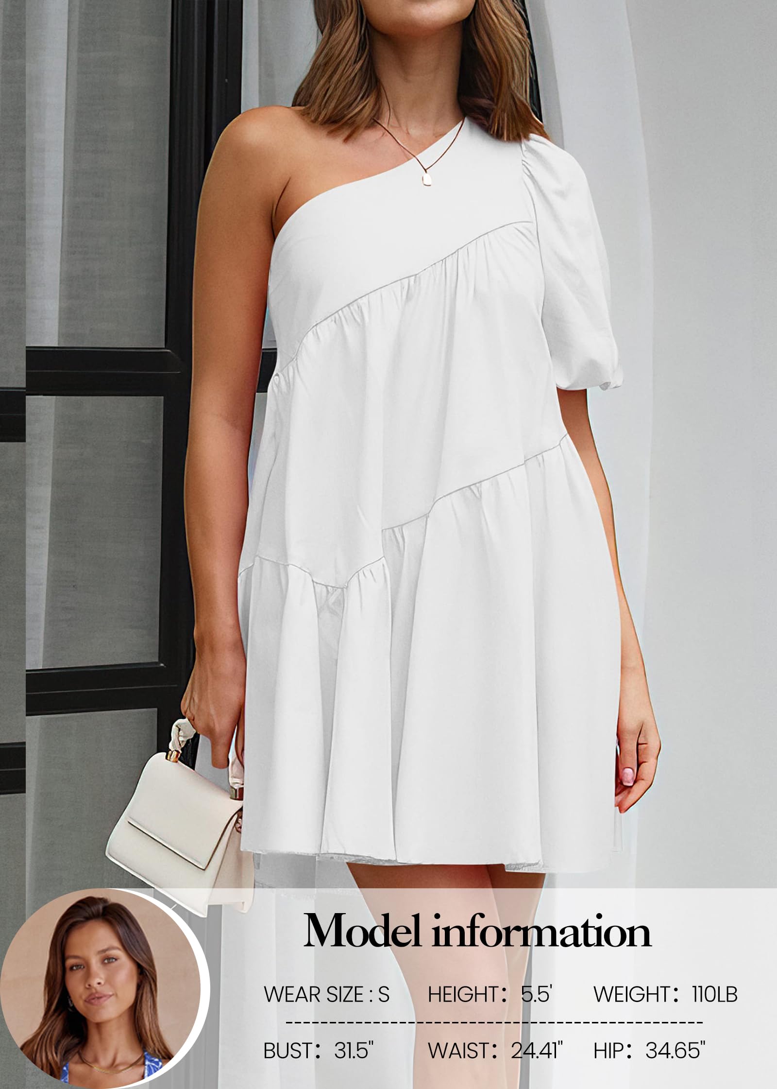 KIRUNDO Women's 2025 Summer One Shoulder Mini Babydoll Dress - Puff Sleeve Loose Tiered A-Line Flowy Short Dress for Beach, Party & Casual Wear