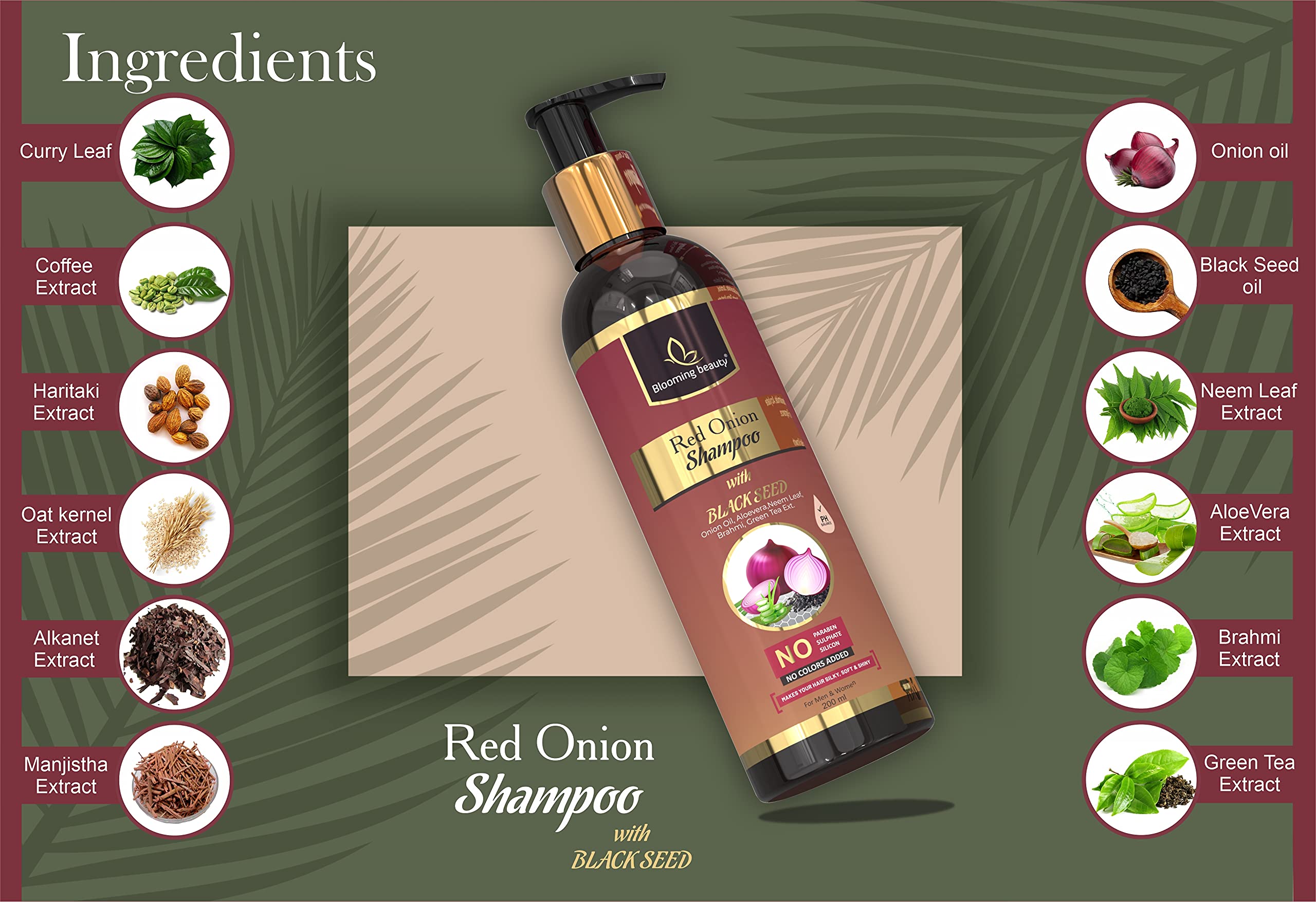Red Onion Shampoo with Black Seed & 19 Natural Extracts (Aloe Vera, Neem, Green Tea) for Hair Growth & Hair Fall Control - 200ml | Promotes Healthy Scalp & Stronger Hair | Perfect for Daily Use & Damaged Hair Care