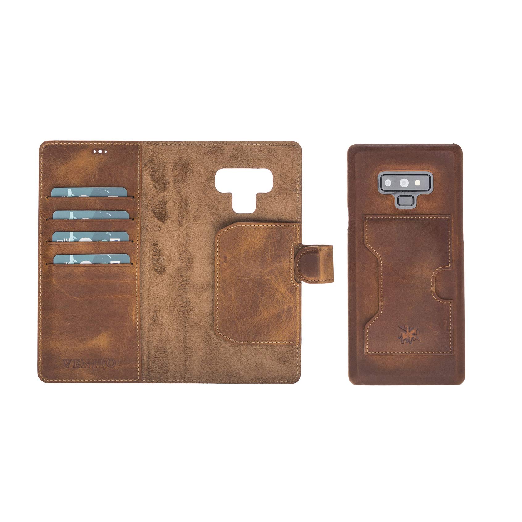 Venito Florence Genuine Leather Wallet Phone Case for Samsung Galaxy Note 9 - RFID Blocking Protection - Detachable Card Holder - Antique Brown - Perfect for Travel, Business & Everyday Use
