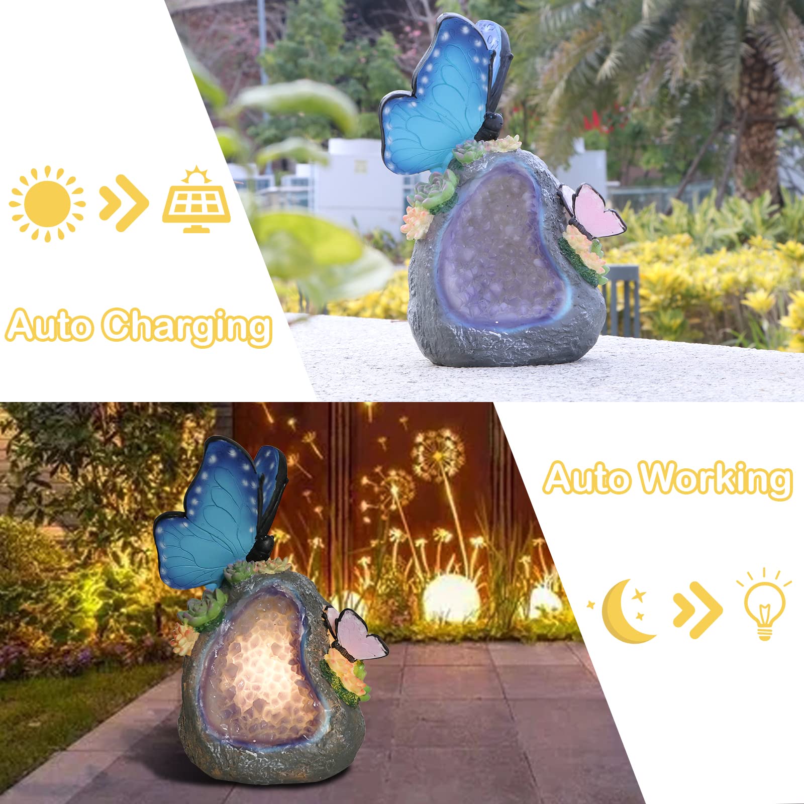 Solar-Powered Butterfly Garden Statue - Outdoor Resin Geode Stone Figurine with LED Lights for Patio, Balcony, Lawn Decor | Perfect for Garden Parties, Wedding Decorations & Backyard Landscaping