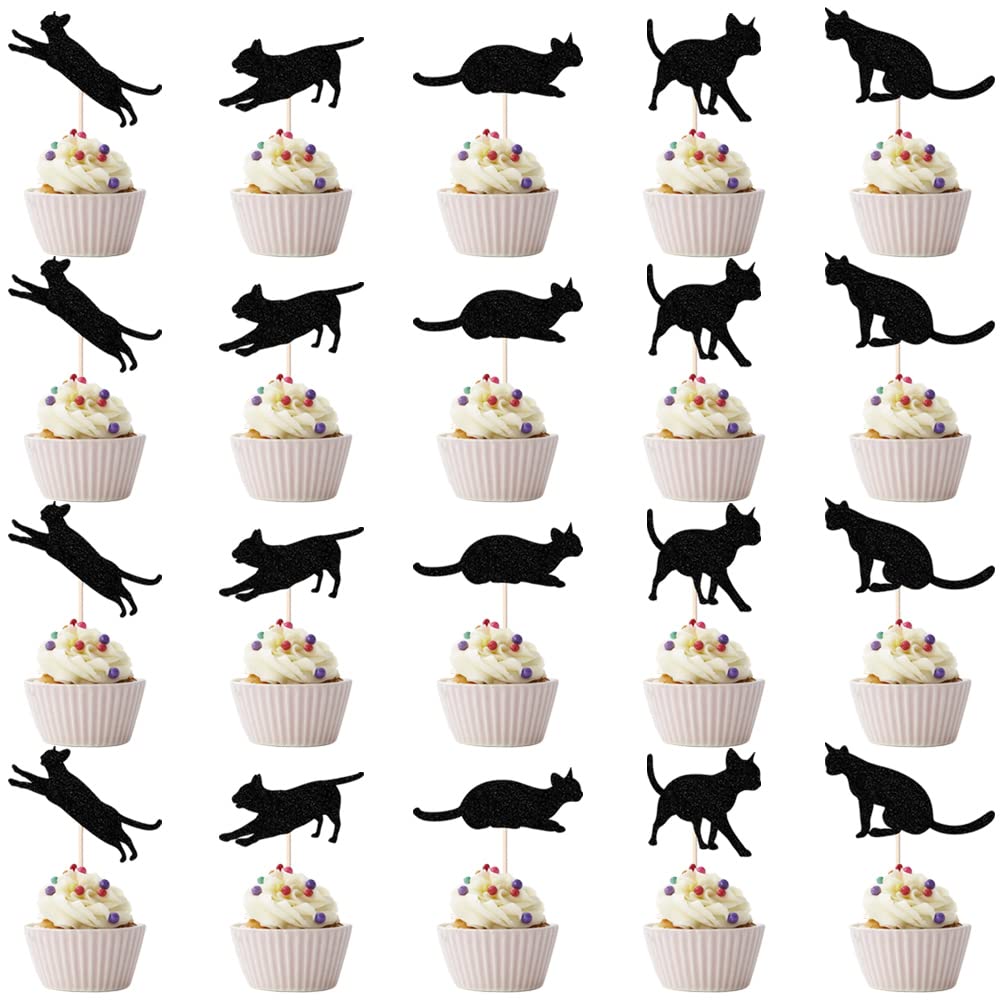20 Pieces Black Glitter Cat Cupcake Toppers - Assorted Cat Silhouette Designs for Birthday Party, Baby Shower & Kids Cake Decorations | Perfect for Themed Celebrations, Dessert Displays & DIY Baking Projects