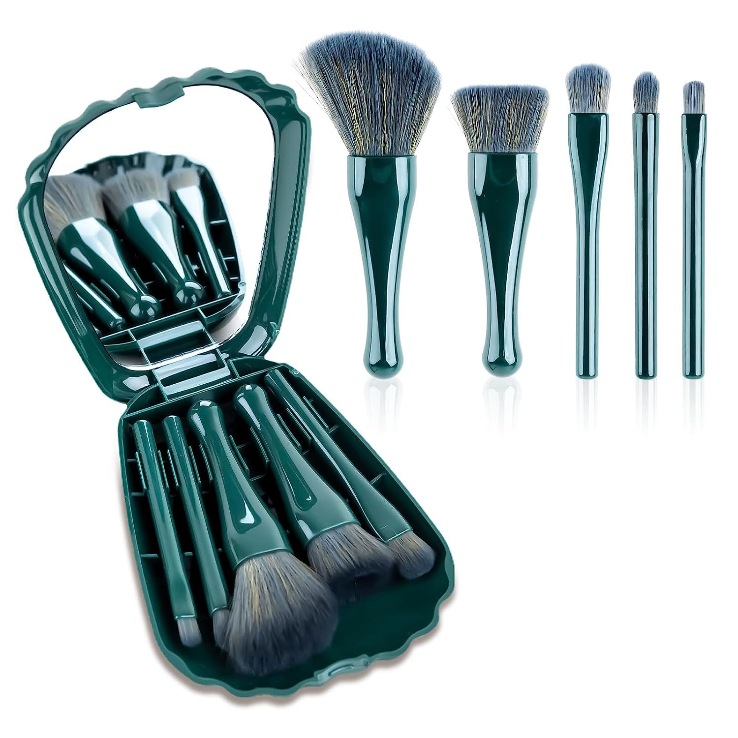 Exotic Mall 5-Piece Mini Makeup Brush Set - Travel Foundation Brush, Eyeshadow Brush & Cosmetic Brushes Kit with Mirror (Dark Green) | Perfect for On-The-Go Makeup & Professional Makeup Application