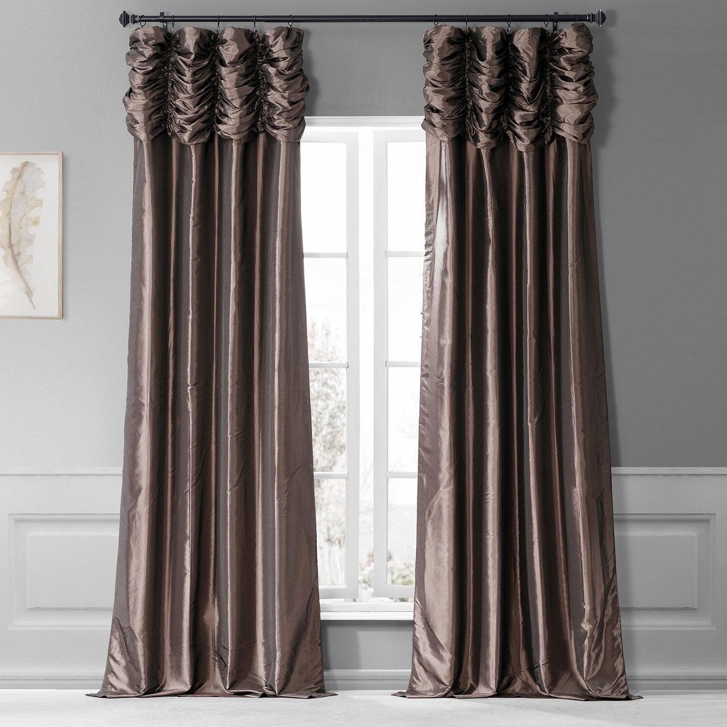 Blackout Curtains for Bedroom - Mushroom Ruched Solid Faux Silk Taffeta Window Drapes - Thermal Insulated Room Darkening Curtain Panels for Living Room, Nursery & Home Decor