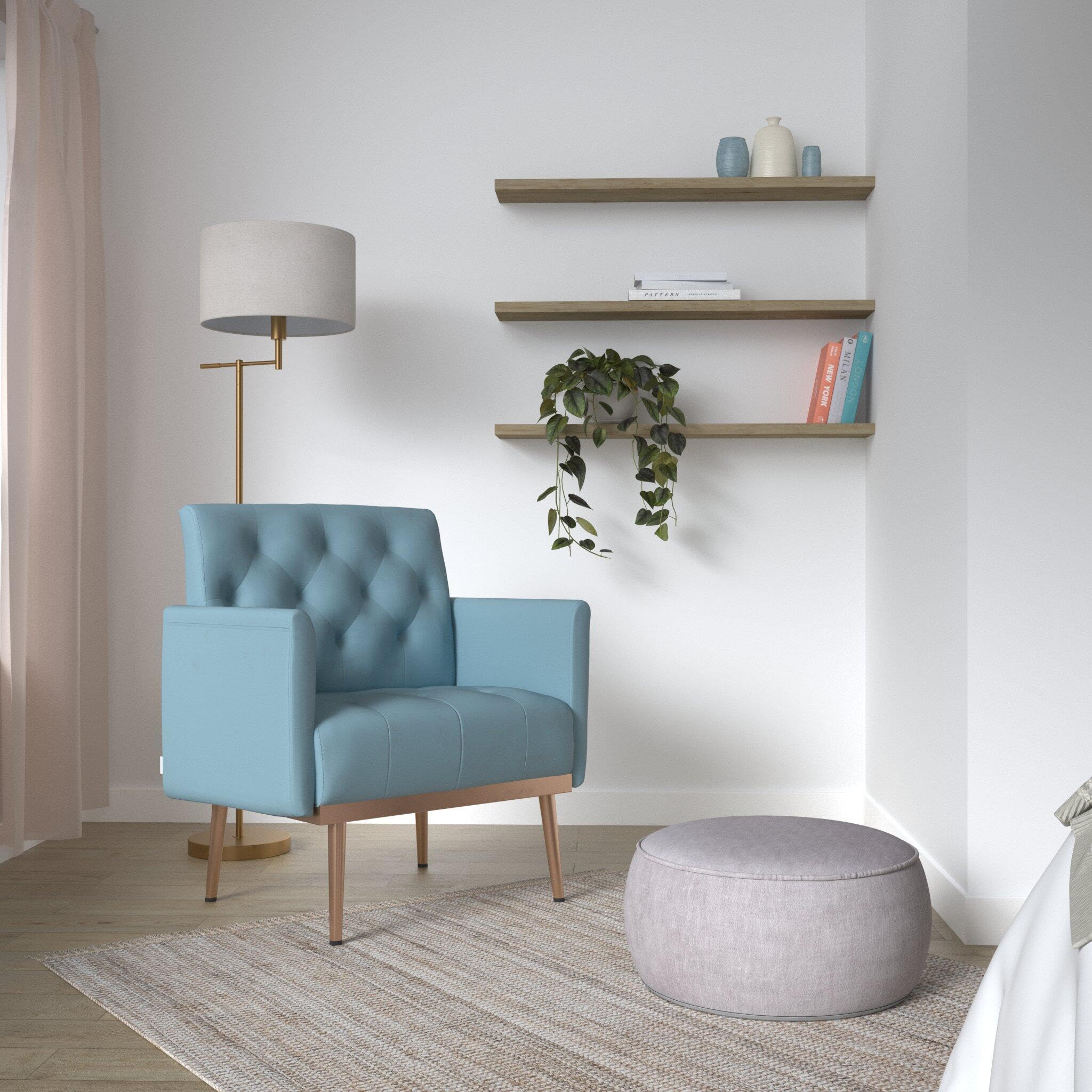 Velvet Accent Chair with Golden Metal Legs - Square Single Sofa Chair for Living Room, Bedroom, Coffee & Reception Areas - Light Blue Modern Lounge Seating for Home & Office Decor