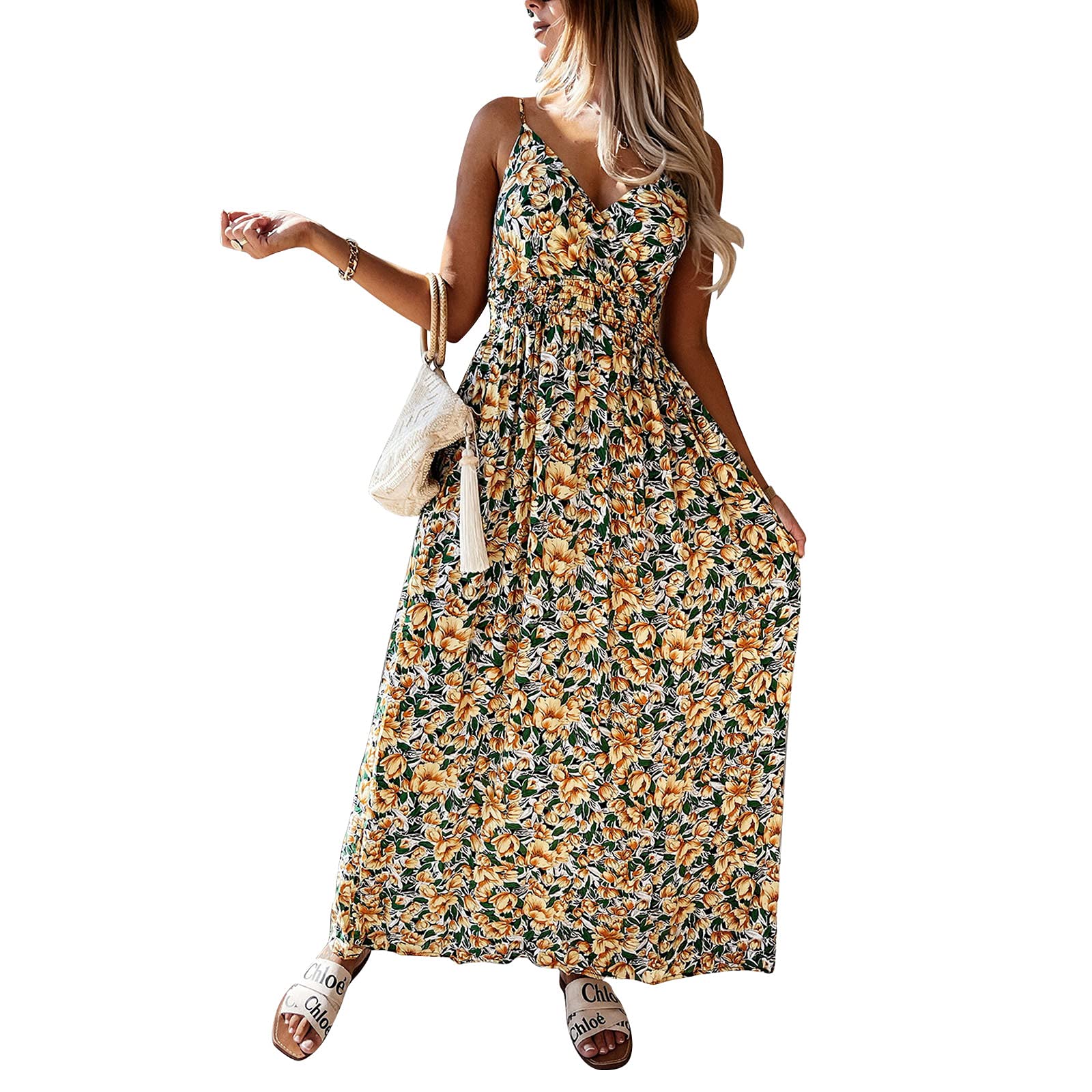 GEMLON Women's Vintage Floral V-Neck Sleeveless Maxi Dress with Elastic Waist - Summer Casual Flowy Dress for Beach, Vacation & Outdoor Events