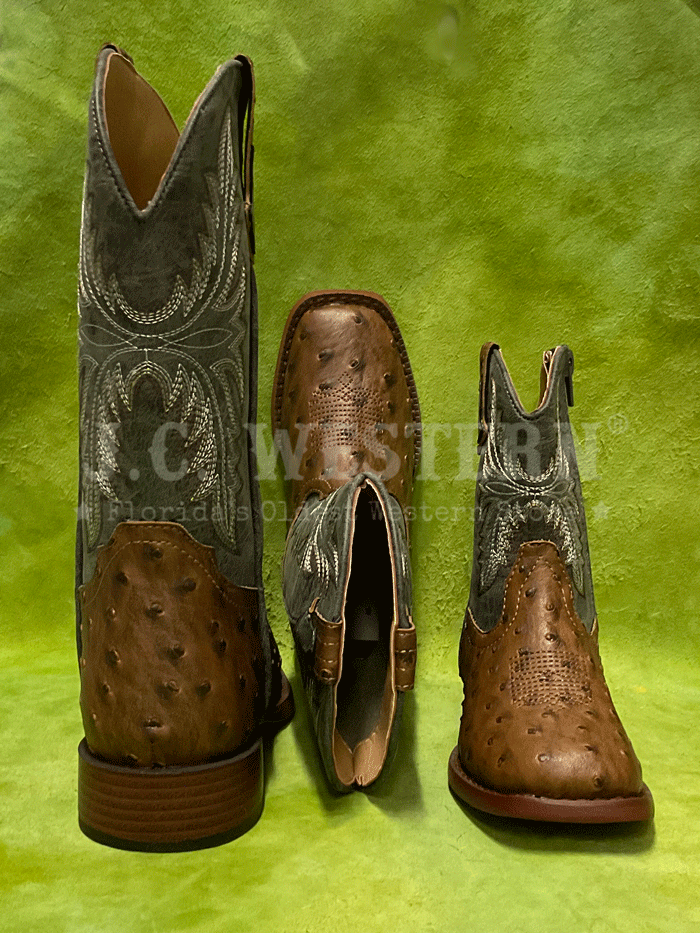 Roper 3378 Kids Faux Ostrich Western Boots for Boys & Girls - Navy & Brown Cowboy Boots - Perfect for Rodeo, Halloween Costume & Western Party Outfits