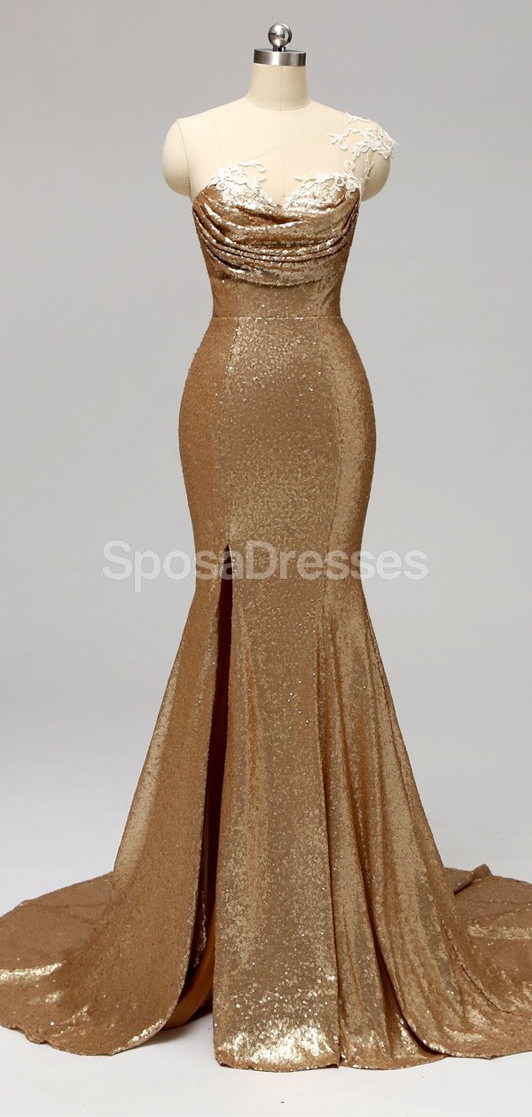 Gold Sequin One Shoulder Mermaid Long Bridesmaid Dresses for Weddings & Formal Events - Elegant Evening Gowns for Prom, Party & Special Occasions - WG596