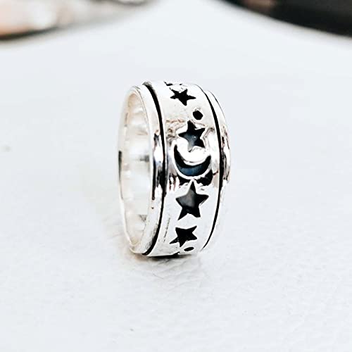 Star and Moon Spinner Ring - 925 Sterling Silver Meditation Ring for Anxiety Relief, Handmade Unisex Spinning Ring - Perfect for Stress Relief, Mindfulness, and as a Thoughtful Promise Gift