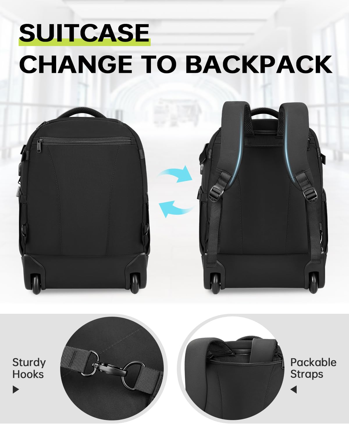 Mancro 17 Inch Water-Resistant Rolling Backpack for Women & Men - Wheeled Laptop Travel Backpack with Anti-Theft Design, Business Carry On Luggage & Overnight Roller Bag for Adults (Black) - Perfect for Business Trips, College Commute & Airplane Travel