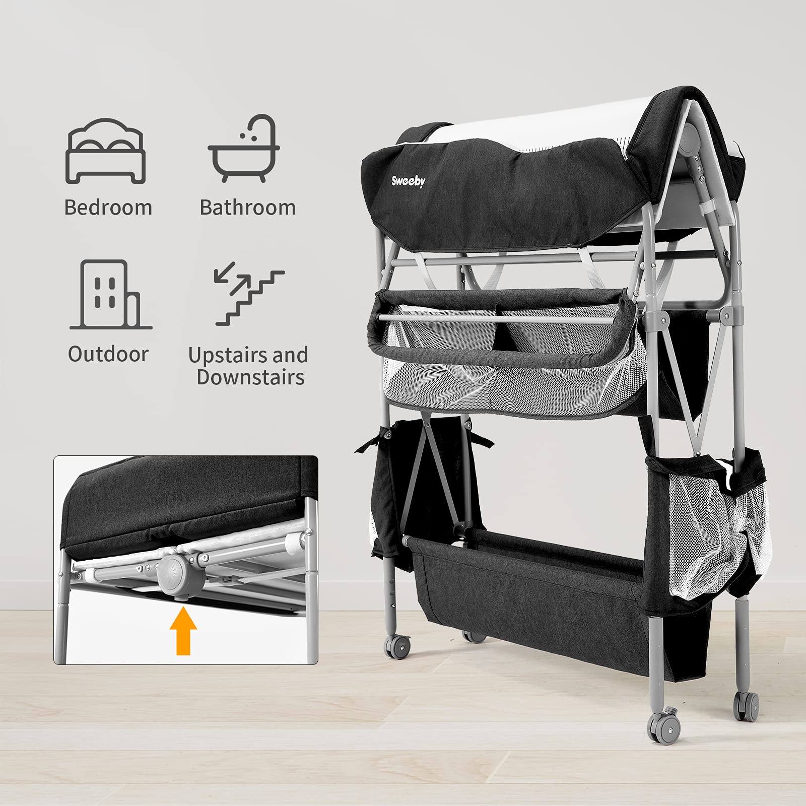 **Sweeby Portable Baby Changing Table - Foldable Diaper Changing Station with Waterproof Pad, Mobile Nursery Organizer for Infant & Newborn Essentials, Black - Perfect for Travel, Home & Daycare Use**