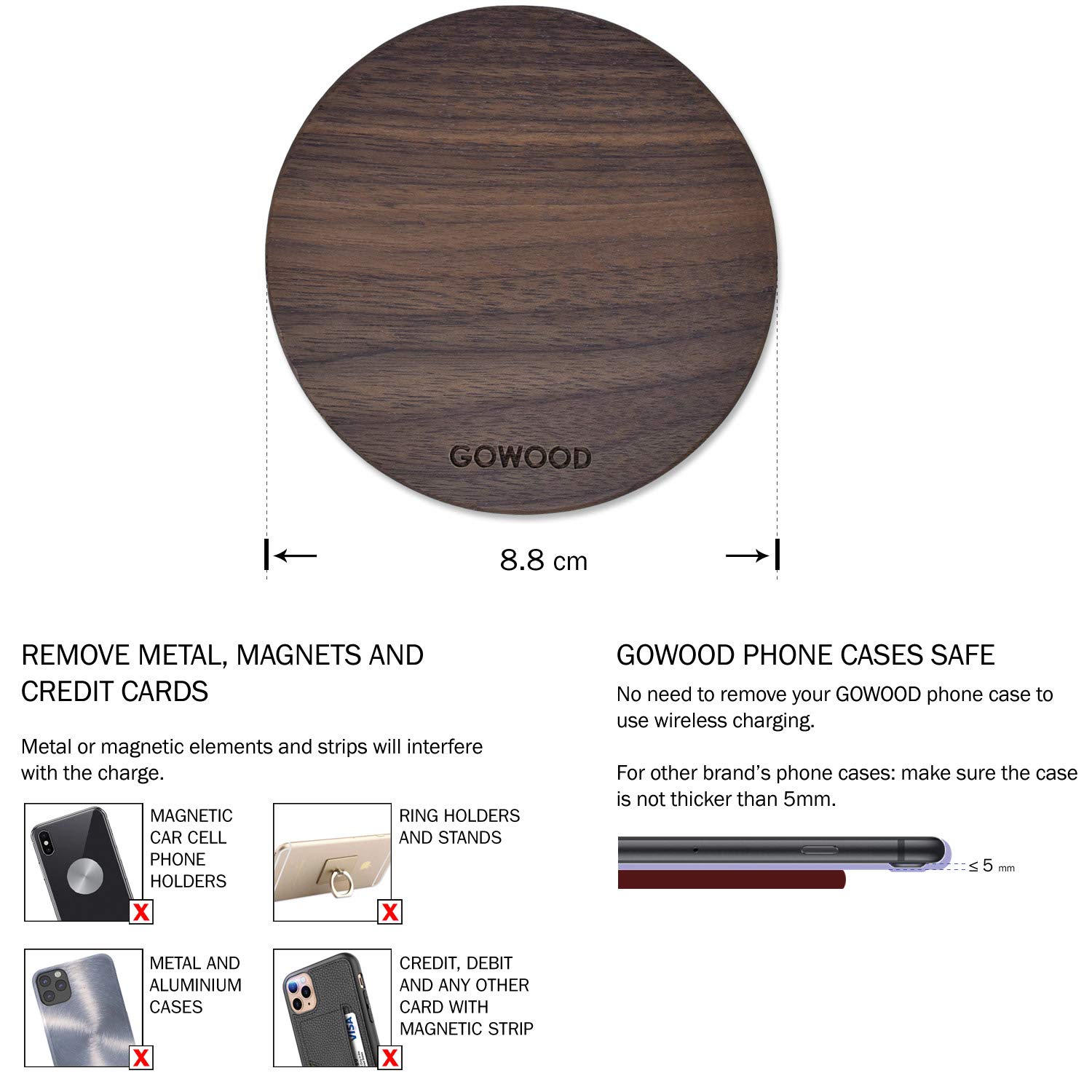 GOWOOD 15W Fast Wireless Charger - Walnut Wood Stand with 2m Durable USB-C Cable & LED Indicator - Qi Certified Charging Pad for iPhone 15/14/13/12, Samsung Galaxy S23/S22 - Perfect for Bedside, Office & Car Use
