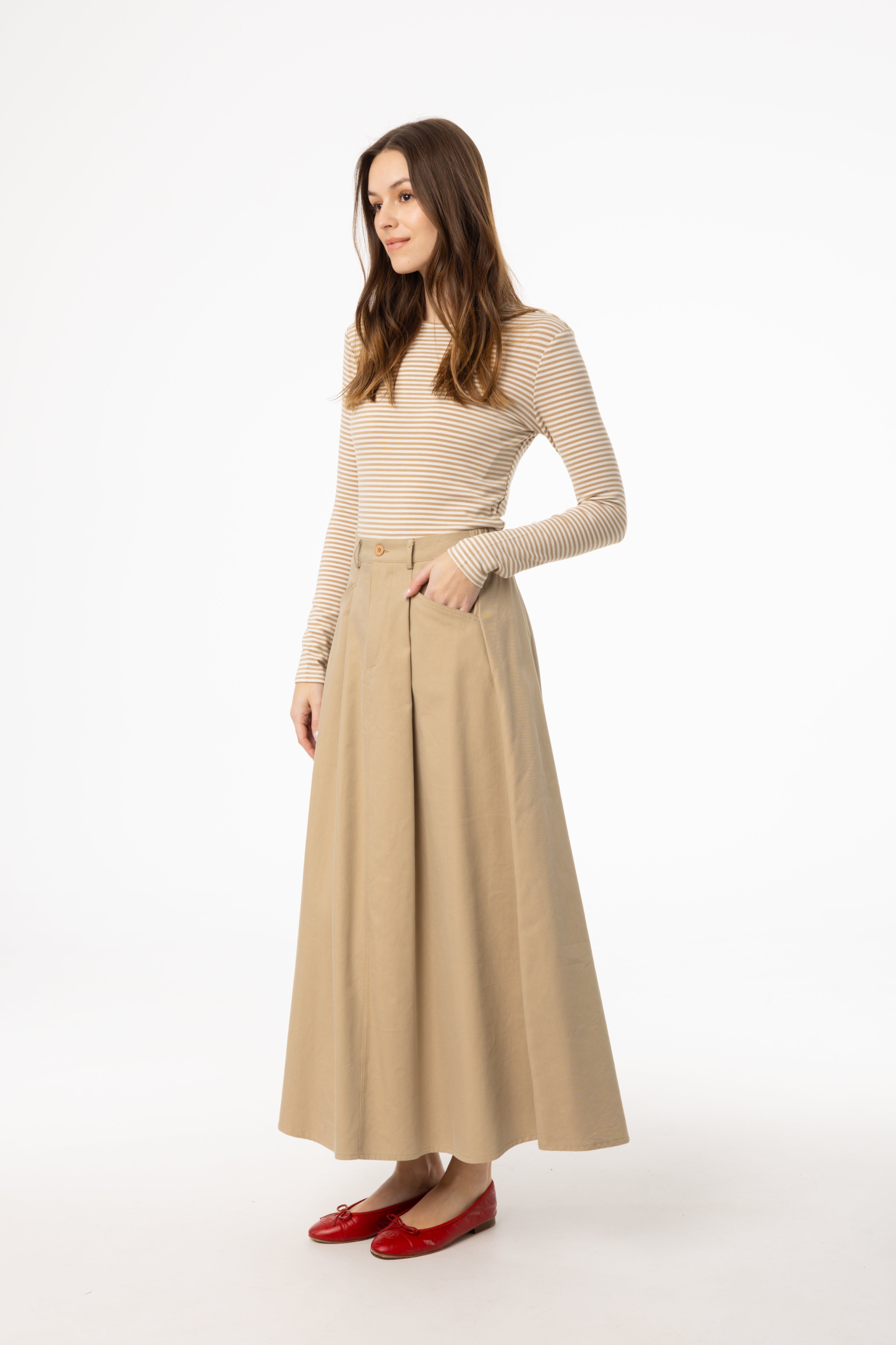 Stylish Tan Flare Cargo Maxi Skirt for Women - Boho Chic Long Skirt with Pockets - Perfect for Casual Outings, Music Festivals & Beach Vacations