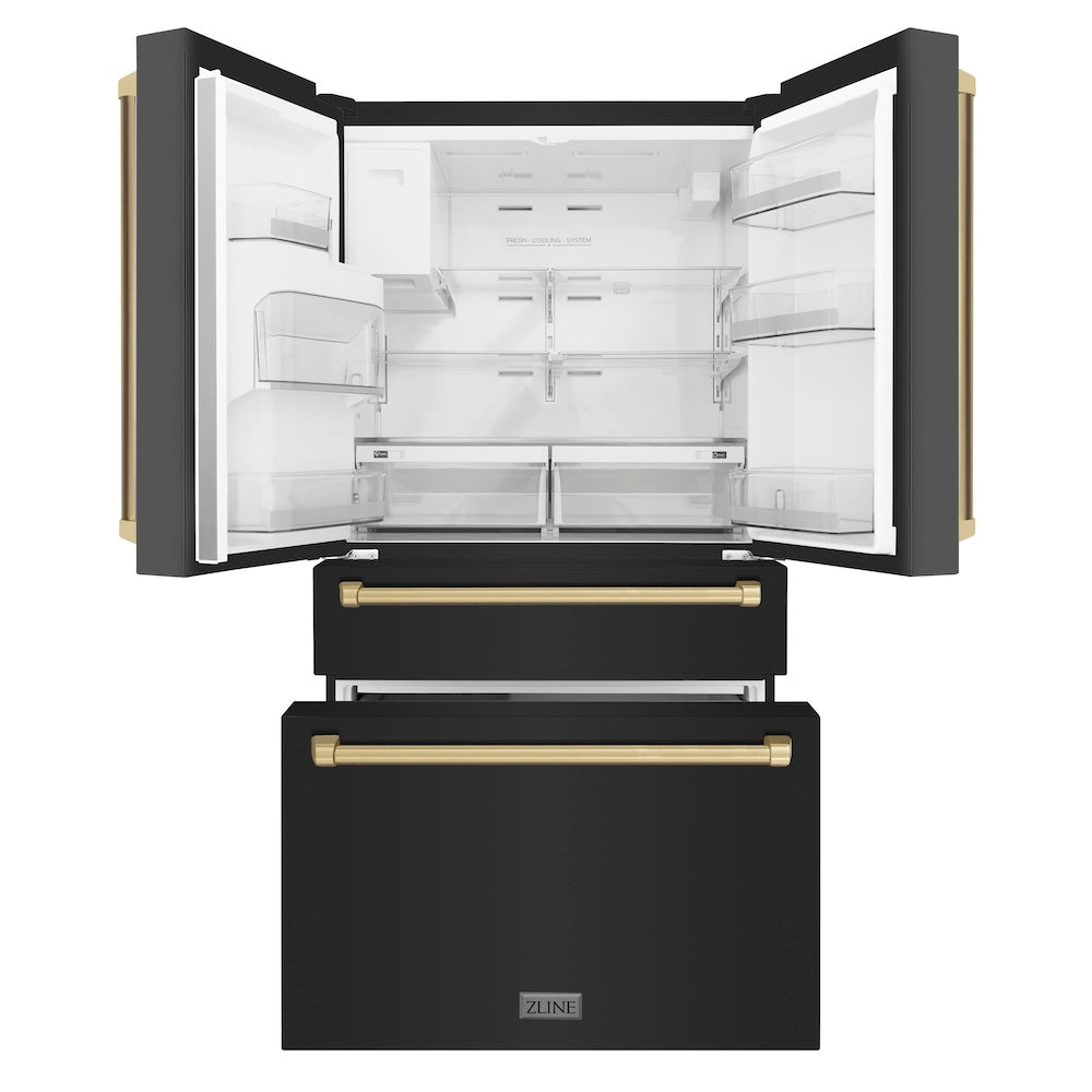 ZLINE Autograph Edition 36 Inch Counter Depth French Door Refrigerator - 21.6 cu ft Capacity, Fingerprint Resistant Black Stainless Steel, Built-In Water and Ice Dispenser with Champagne Bronze Handles (RFMZ W 36 BS CB) - Perfect for Modern Kitchens, Open Concept Homes & Entertaining