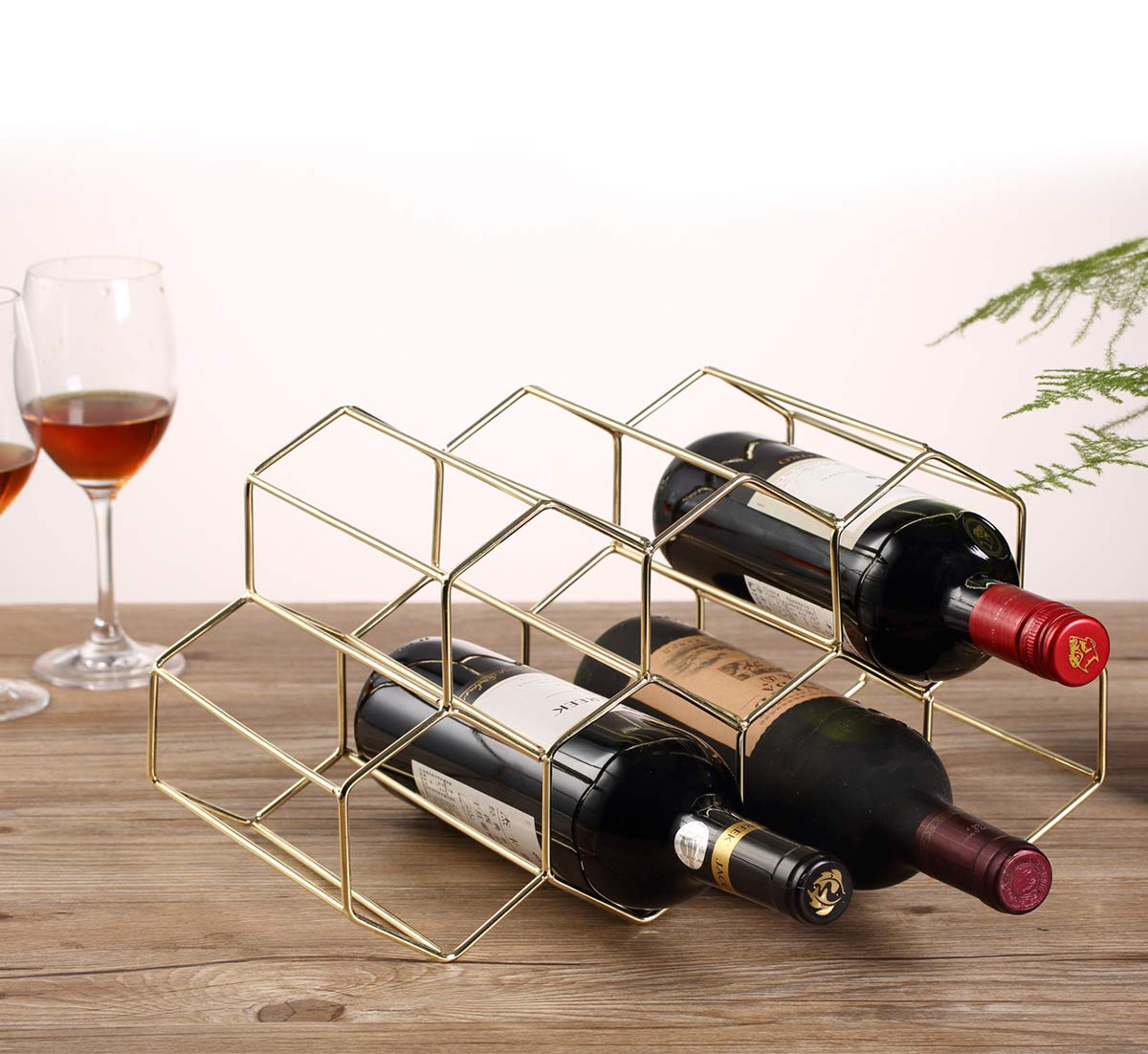 Buruis 9-Bottle Countertop Wine Rack - Honeycomb Metal Wine Holder & Organizer for Red & White Wines - Gold Kitchen Bar Essential for Home, Restaurant & Party Serving